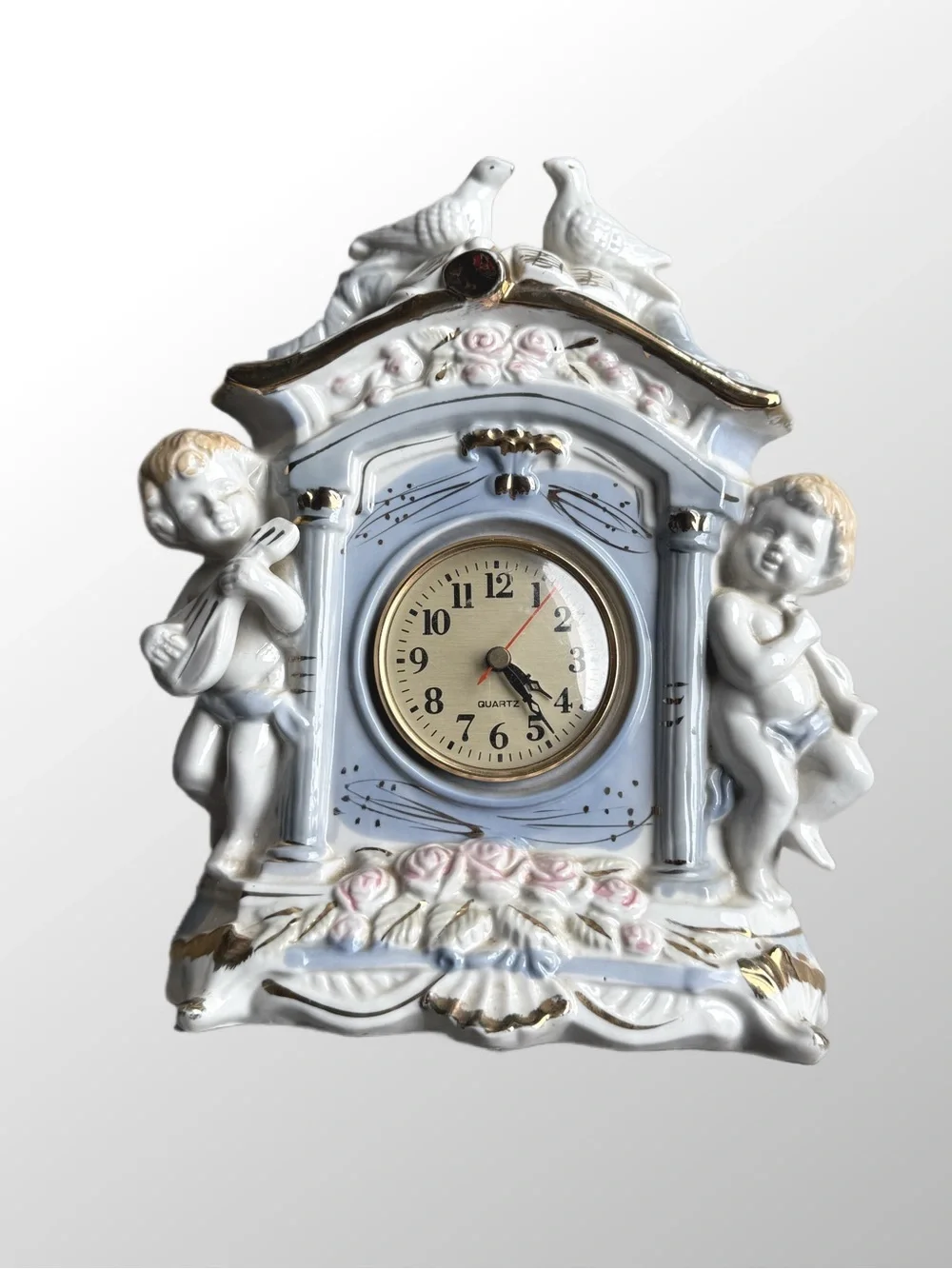 Porcelain Cherub Mantel Clock Wall Decor in White and Gold